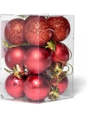 Hakay 12'li Kırmızı Yılbaşı Topu Seti, 3 Cm, Noel Ağacı Süsleri
