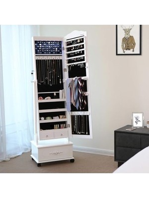 Hakay Songmıcs Tekerlekli ve LED Aydınlatmalı Kilitlenebilir Mücevher Dolabı, Beyaz, JBC61W