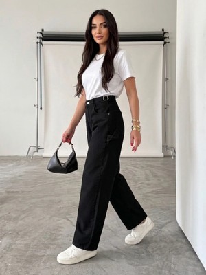 Shevega Kadın Siyah Yan Kemer Tokalı Yüksek Bel Baggy Jeans Salaş Kot Pantolon