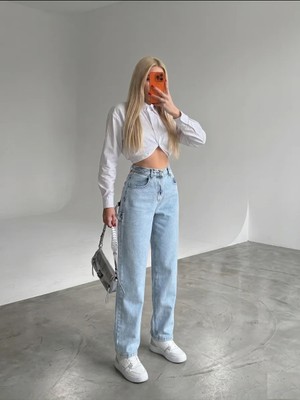 Shevega Kadın Buz Mavi Yan Kemer Tokalı Yüksek Bel Baggy Jeans Salaş Kot Pantolon