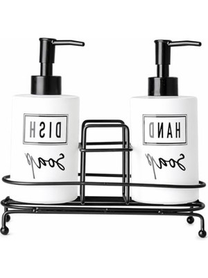 Hakay Şık Tasarımlı Beyaz Cam Sıvı Sabunluk Seti, Metal Stand ile El Sabunu ve Deterjan Dispenseri