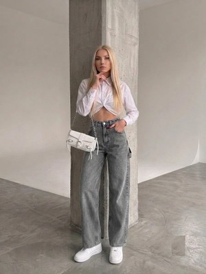 Shevega Kadın Füme Yan Kemer Tokalı Yüksek Bel Baggy Jeans Salaş Kot Pantolon