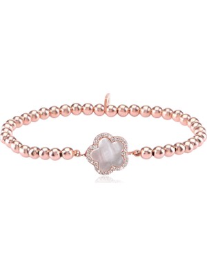 Emiliano Jewellery Zirkon Taşlı Rose Altın Kaplama Gümüş Top Sedef Taşlı Yonca Strech Gümüş Bileklik