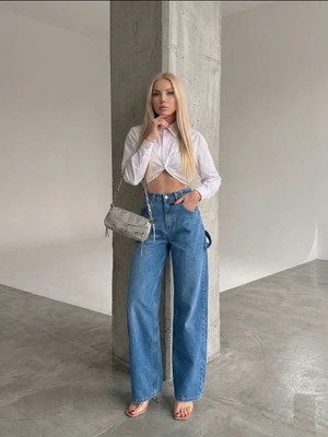 Shevega Kadın Mavi Yan Kemer Tokalı Yüksek Bel Baggy Jeans Salaş Kot Pantolon