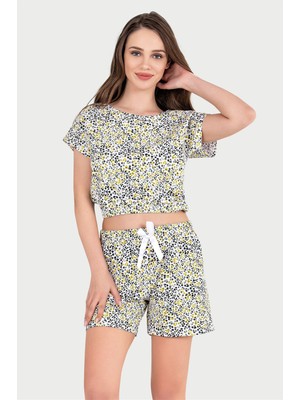 Obje Kadın Sarı Leopar Desen Yarım Kol Crop