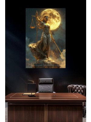 Adalet Heykeli Baskılı Cam Tablo – Dolunay Temalı Lady Justice Dekoratif Duvar Tablosu