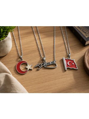 Herşey Nota 3’lü Ay Yıldız, Türk Bayrağı ve Atatürk Imzalı Kolye Seti