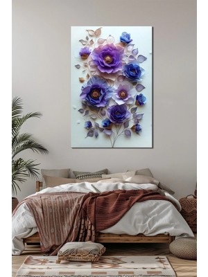 Çiçek Baskılı Cam Tablo – Mor ve Mavi Tonlu 3D Floral Dekoratif Duvar Tablosu