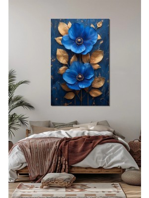 Mavi Çiçek Baskılı Cam Tablo – Altın Yaprak Detaylı Modern Duvar Tablosu