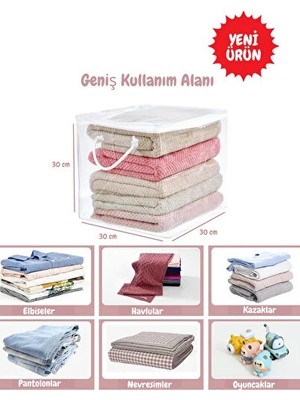 CATEKSSS Pvc Küp Çanta Şeffaf Fermuarlı Kıyafet, Battaniye, Nevresim Saklama Hurcu 30X30X3X30 Plastik Beyaz T