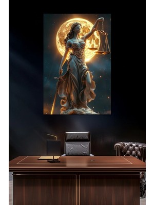 Adalet Heykeli Baskılı Cam Tablo – Ay Işığı Temalı Lady Justice Dekoratif Tablo