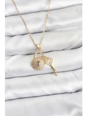 Semel 316L Çelik Zincir Gold Renk Kilit Anahtar Model Zirkon Taşlı Kadın Kolye