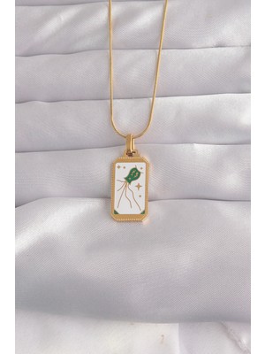 Semel 316L Çelik Gold Renk Beyaz Mineli Tarot Kolye