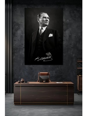 Atatürk Imzalı Siyah Beyaz Cam Tablo – Modern Prestij Uv Baskı Duvar Dekoru