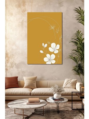 Minimalist Çizgi Çiçek Baskılı Cam Tablo – Hardal Sarı Modern Uv Baskı Duvar Dekoru