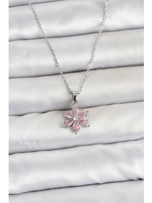 Semel 316L Çelik Zincir Gümüş Renk Pembe Zirkon Taşlı Lotus Model Kadın Kolye