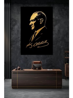 Atatürk Silüet Baskılı Cam Tablo – Gold Detaylı Modern Tasarım