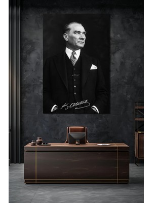 Atatürk Imzalı Siyah Beyaz Baskılı Cam Tablo – Klasik Şık Uv Baskı Duvar Dekoru