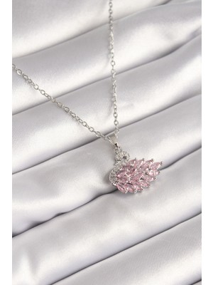 Semel 316L Çelik Gümüş Renk Zincir Pembe Zirkon Taşlı Kuğu Model Kadın Kolye