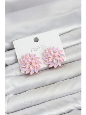 Semel Pembe Renk Kristal Taşlı Çiçek Model Kadın Küpe