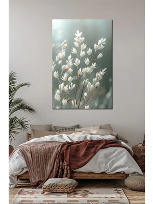 Beyaz Çiçek Cam Tablo Minimalist Pastel Yeşil Uv Baskılı Temperli Boho Nordic Yatak Odası Salon Deko