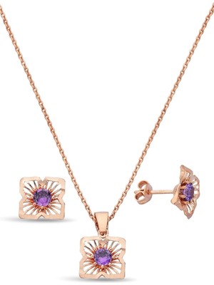 Argentum Concept 925 Ayar Gümüş Mor Taşlı Rose Set - 67019602