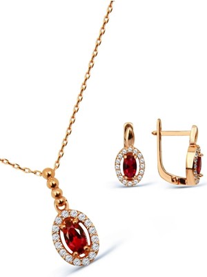 Argentum Concept 925 Ayar Gümüş Rose Kırmızı Taşlı Oval Minimal Set - S013902