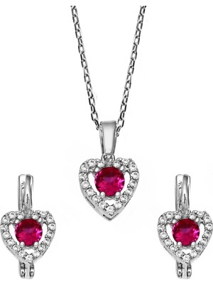 Argentum Concept 925 Ayar Gümüş Kalp Figürlü Ruby Zirkon Taşlı Set - S016802