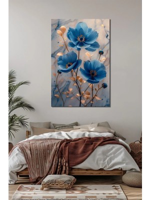 Mavi Çiçek Baskılı Cam Tablo – Altın Detaylı Modern Sanat Uv Baskı Duvar Dekoru