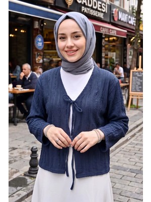 Modestim Kadın Lacivert Pileli Ön Iki Bağlamalı Tesettür Giyim Trend Şık Tesettür Tunik Hırka