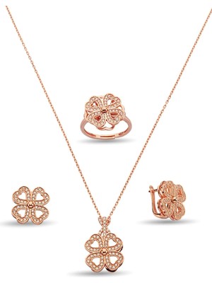 Argentum Concept 925 Ayar Gümüş Dönen Kalpli Yonca Figürlü Rose Üçlü Set - S017802