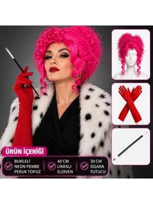 Mabelme Store Mey Ithalat® Neon Bukleli Pembe Peruk Uzun Kumaş Kırmızı Eldiven ve Sigara Tutucu Seti (3 Parça)