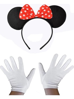 Mabelme Store Mey Ithalat® Kırmızı Fiyonklu Minnie Mouse Tacı ve Beyaz Eldiven Seti