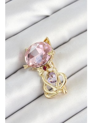 Mabelme Store Mey Ithalat® Pembe Zirkon Taşlı Kap Detaylı Kedi Figürlü Gold Renk Kadın Broş