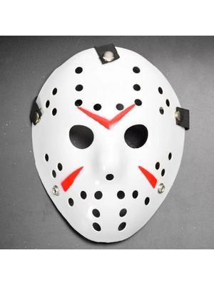 Aesco Beyaz Renk Kırmızı Çizgili Tam Yüz Hokey Jason Maskesi Hannibal Maskesi
