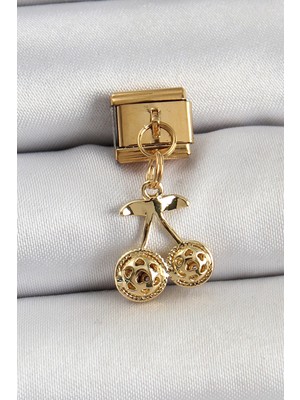 Mey Ithalat® 316L Çelik Sallantılı Zirkon Taşlı Fiyonk Model Gold Renk Nomination C316L Çelik Sallantılı Kiraz Model Gold Renk Nomination Charm