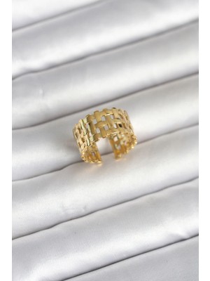 Mey Ithalat® 316L Çelik Gold Renk Hasır Model Kadın Yüzük