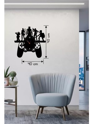 Mey Ithalat® Gamer Oyun Odası Dekoratif Duvar Saati - 40X40 cm Lazer Kesim Ahşap Joystick ve Oyun Karakterli Saat