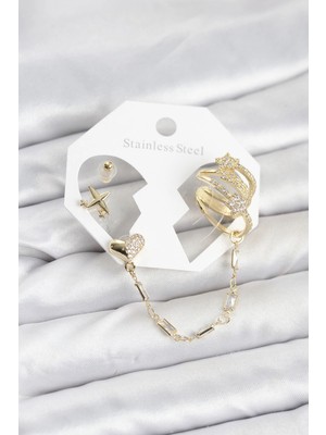 Mey Ithalat® Kalp Yıldız Model Pirinç Gold Renk Zincir Bağlantılı Ear Cuff Küpe Seti