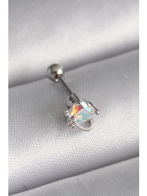 Mey Ithalat® 316L Çelik Gümüş Renk Zirkon Taşlı Kalp Tragus Piercing