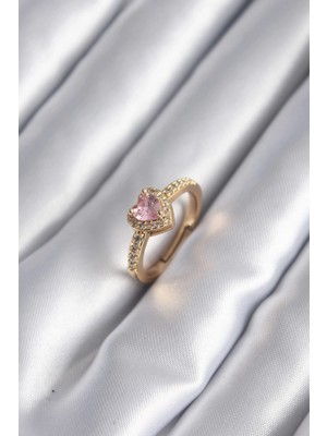 Mey Ithalat® Pirinç Gold Renk Pembe Zirkon Taş Kalp Charm Model Kadın Yüzük