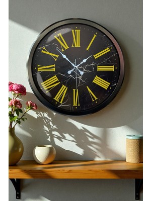 Siyah Mermer Desenli 52 cm Metal Duvar Saati