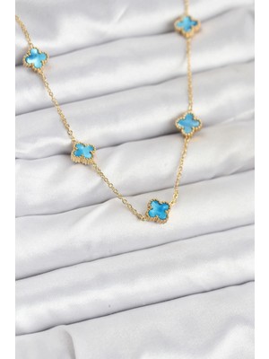 Mey Ithalat® 316L Çelik Zincir Gold Renk Buz Mavisi Baby Boy Yonca Kadın Kolye
