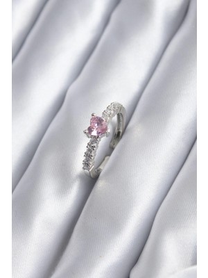 Mey Ithalat® Gümüş Renk Zirkon Taşlı Pembe Kristal Kalp Model Kadın Yüzük