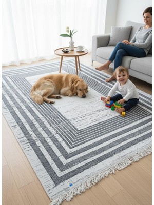 Kilim Çift Taraflı Bohem Seri Dokuma Kilim Gri-Beyaz