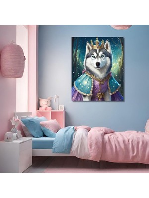 Gaagart Tekli Dikey Kanvas Duvar Tablosu Prenses Kostümlü Sibirya Kurt Köpeği 70 x 100 GARTNM735