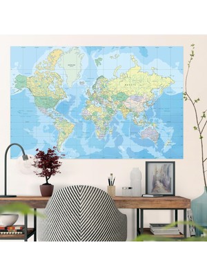 Plustablo Kendinden Yapışkanlı Eğitim Amaçlı Siyasi Dünya Haritası Duvar Stickerı (100X150