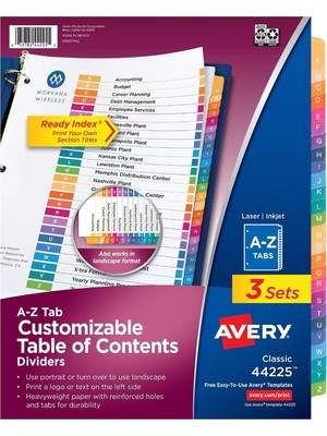Avery 3 Halka Bağlayıcı Için A-Z Tab Bölücüler, Özelleştirilebilir Içindekiler, Çok Renk