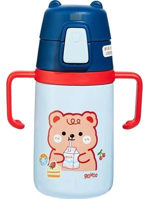Rovco 400ML Silikon Pipetli Sevimli Ayıcıklı Boyun Askılı Bebek Kulplu Paslanmaz Çelik Termos