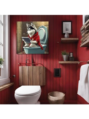 Gaagart Tekli Kare Kanvas Banyo Tablosu Tabletle Oynayan Sibirya Kurdu 40 x 40 GARTNM8303